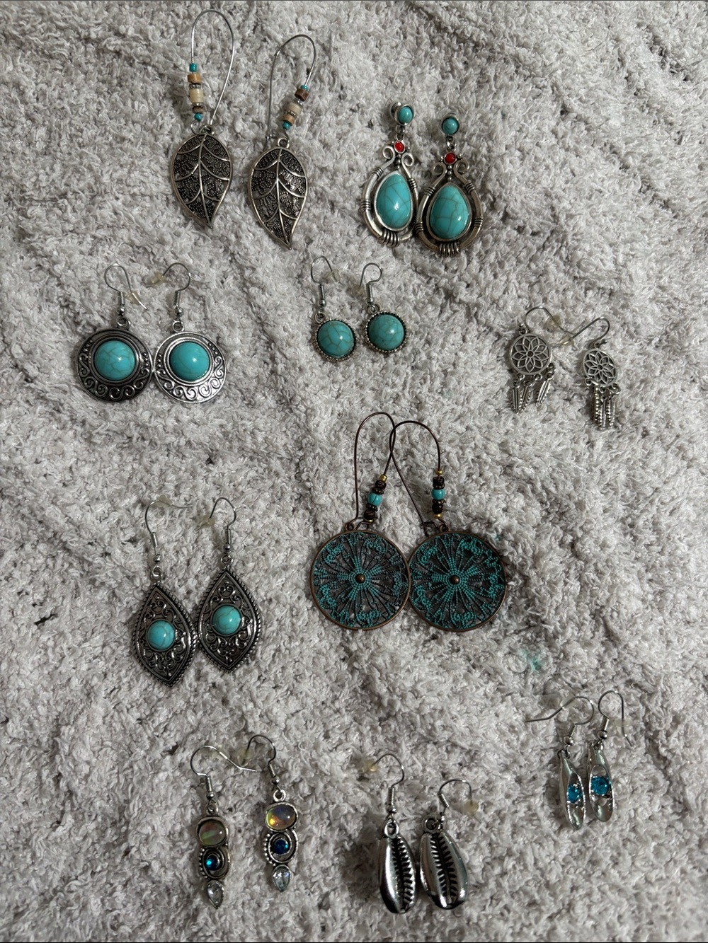 Set of 10 Silver-Tone faux Turquoise Drop Earrings - Boho-Chic Women Jewelry